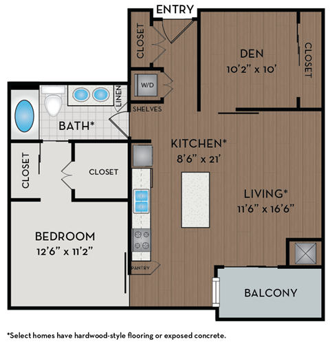 A floor plan of a home with a den, bathroom, kitchen, living room, bedroom and balcony.